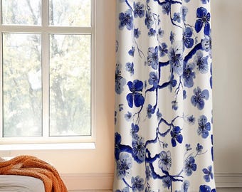 Blue Floral Pattern Curtain, Bird Curtain Panel, Botanical Window Treatment, Spring Pattern Drapes, Floral Window Curtains, Flower Drapery