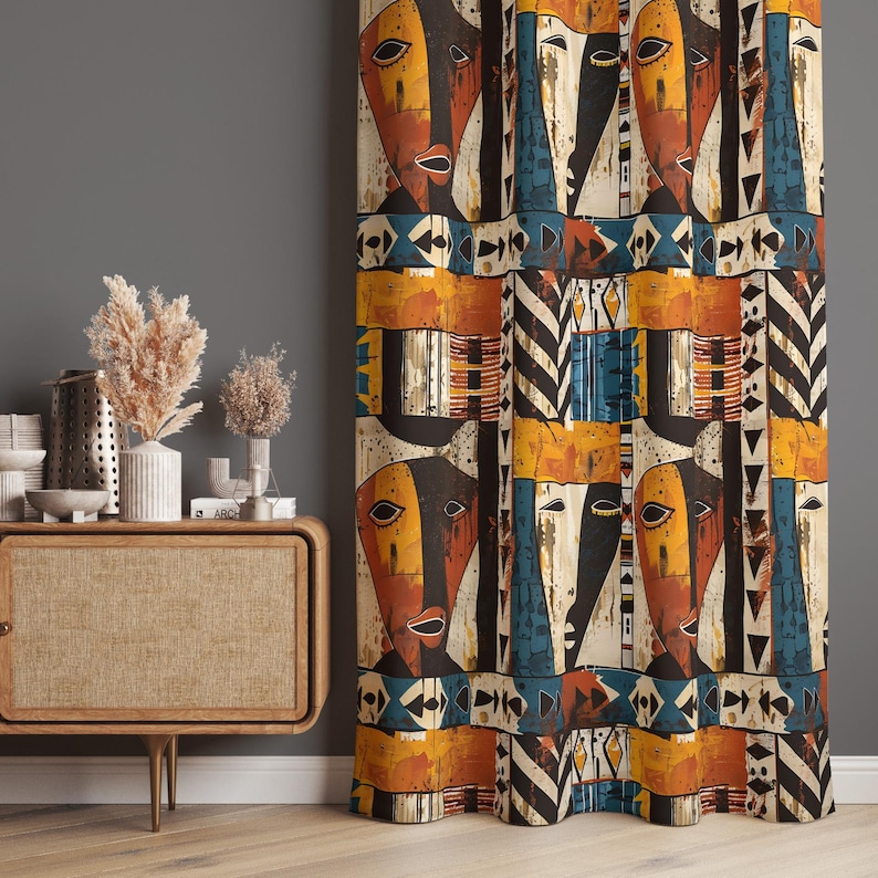 African Art Print Curtain,Ethnic Kitchen Window Valance,Any Size Drapes image 6