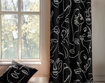 Black White Minimalist Face Curtain Panel, Line Art Print Drapes, Made to Measure Drapery