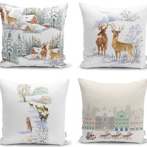 Winter Deer Pillow Cover, Xmas Snow Cushion Cover, Christmas Reindeer Throw Pillow, Winter Home decor, Noel Pillow Case, Farmhouse Decor