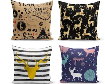 May include: Four decorative throw pillows with different Christmas-themed designs. The first pillow has a brown background with a reindeer and the text "Merry Christmas 2016". The second pillow has a black background with gold reindeer. The third pillow has a black and white striped background with a gold reindeer head. The fourth pillow has a blue background with white and pink reindeer.