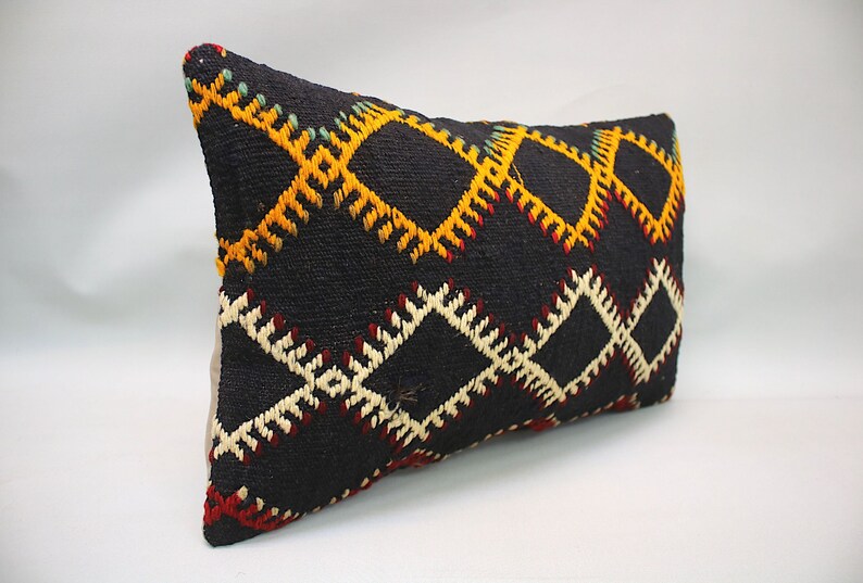 Yellow White Kilim Pillow Cover|Rug Pillow Case|12x20 Turkish Throw Pillow|Aztec Sham|Vintage Cushion Cover