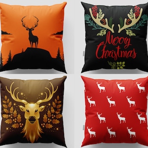 Deer Pillow Cover|Deer Throw Pillow|Christmas Pillowcase|Winter Cushion Cover|Xmas Pillow Cover|17x17 Christmas Pillows|Checkered Deer Sham