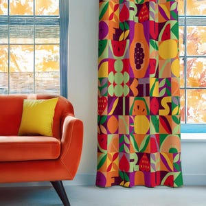 May include: A colourful curtain featuring a geometric pattern of fruits and vegetables. The design incorporates watermelon, papaya, grapes, lemons, and strawberries. The curtain is made from a soft, hard-wearing fabric and is ideal for adding a touch of whimsy to any room.