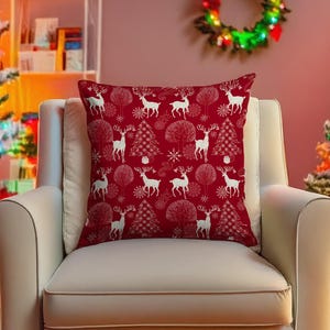 Xmas Deers & Trees Pillow Cover, Red Christmas Pillow Case, Holly Reindeer Cushion Cover, Winter Pillowcase, Rustic Holiday Home Decor