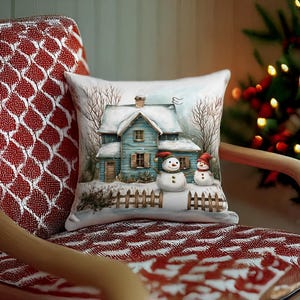 Snowy House & Snowman Pillow Cover, Winter Farmhouse Cushion Case, Christmas Village Throw Pillow Cover, Rustic Festive Scene Pillowcase