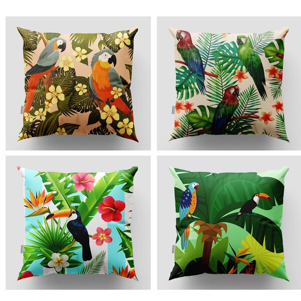 Decorative Outdoor Pillow Cover, Parrot Tropical Birds Throw Pillow, Outdoor Botanical Cushion Cover, Birds Pillow Case, Leaves Pillowcase