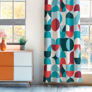 Teal Retro Window Curtains , Blue Bohemian Valances, Luxurious Window Treatment, Modern Art Drapery Panel, Geometric Drapery Panels
