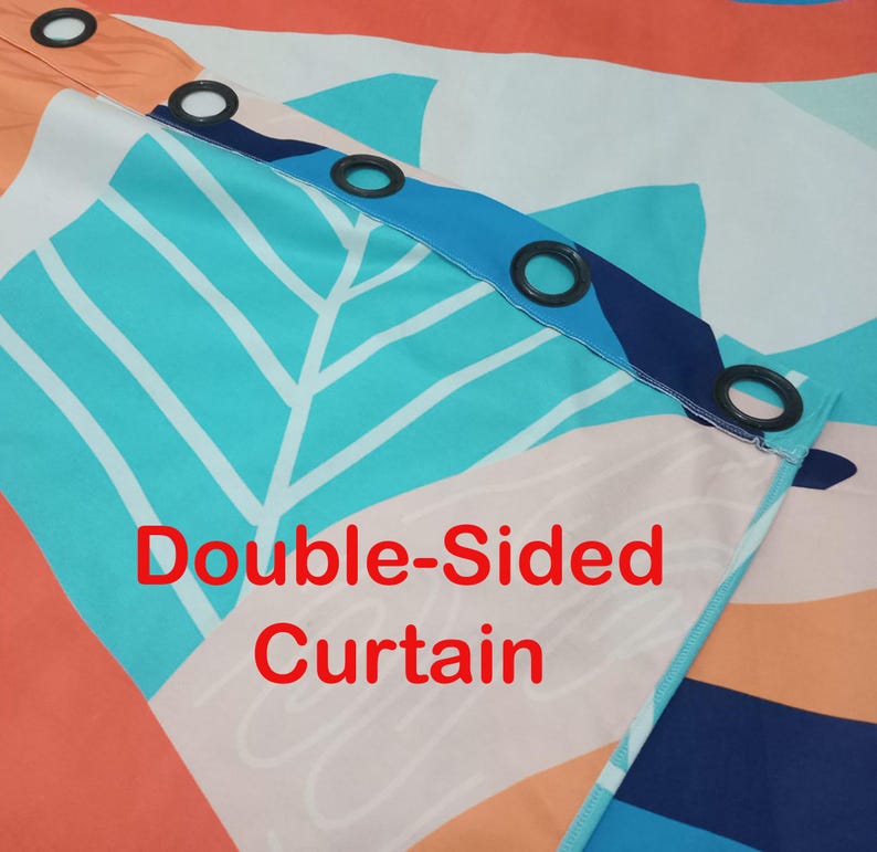 May include: A double-sided curtain featuring a vibrant abstract pattern with geometric shapes in shades of orange, turquoise, dark blue, and cream. The top header includes a row of black circular grommets for hanging, with the text Double-Sided Curtain.