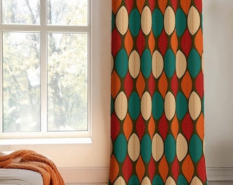 May include: A floor-length curtain featuring a repeating pattern of stylized leaves in shades of teal, orange, red, and cream against a dark brown background. The leaf shapes are arranged in vertical columns with fine line detailing.