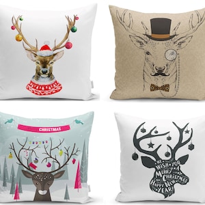 Merry Christmas Deer Throw Pillow, Buckhorn Print Pillow Cover, Deer Home Decor, Decorative Reindeer Cushion Cover, Antler Pillowcase