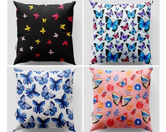 Butterfly Pillow|Colorful Butterflies Pillow Cover|Blue Butterfly Cushion Case|Farmhouse Style Decoration|Printing Throw Pillowcase
