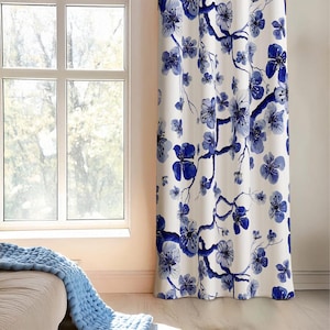 Blue & White Floral Curtain Panel, Custom Size Blackout Living Room Drapes