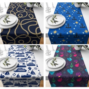 Beach House Table Runner,Marine Table Runner,Coastal Tablecloth,Nautical Table Cover,Ocean Theme Home Decor,Beach Table Decor,Table Cover