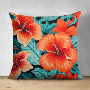 Hawaiian Tropical Throw Pillow Cover 16x16 Inch – Palm Leaves Hibiscus Flowers Parrots Design For Couch Sofa Bed