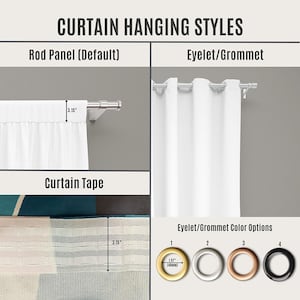 May include: An infographic titled CURTAIN HANGING STYLES showing three methods: Rod Panel with a 3.15 inch header, Eyelet/Grommet with a white curtain on a rod, and Curtain Tape with a 3.15 inch header. Includes four 1.57 inch grommet color options.