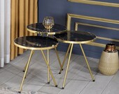 Black Marble Nesting Table Set Of 3 Black Round Coffee Table Gold Side Tables Rustic End Tables live edge coffee Minimalist Coffee Tables