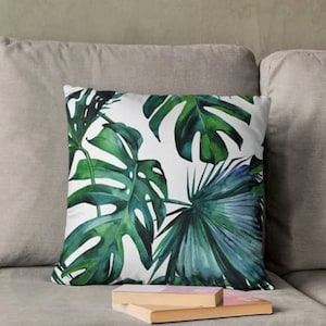Green Tropical Throw Pillow,Palm Leaves Cushion Case,Botanical Pillow Cover,Tropical Home Decor,18x18 Pillow Case,Outdoor Summer Decor