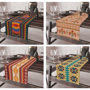 May include: Four table runners with different geometric patterns in shades of red, orange, yellow, blue, green, and brown. The table runners are on wooden tables with wine glasses and candles.