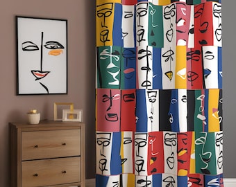 Minimalist Face Art Curtain, Scandinavian Window Panel, Abstract Drape Panel, Drawing Window Valances, Line Art Drapery Panel