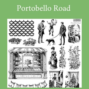 May include: Black and white illustrations of various scenes from a Victorian era town, including a bakery, a street scene with a dog and people walking, a couple sitting in a room, and a Christmas tree. The text "Portobello Road" appears in the image.
