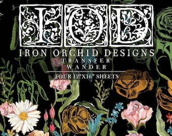 May include: A black background with a floral pattern featuring roses, daisies, and other flowers in shades of pink, red, orange, white, and blue. The text "IRON ORCHID DESIGNS" is at the top of the image, with the words "TRANSFER WANDER" and "FOUR 12'X16' SHEETS" below it.
