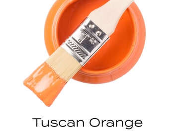 May include: A small jar of orange paint with a paintbrush dipped in the paint. The jar is labeled "Fusion Mineral Paint" and the color is "Tuscan Orange".
