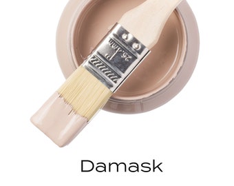 May include: A small jar of light brown paint with a wooden paintbrush on top. The jar is labeled "Fusion Mineral Paint" and the color is "Damask".