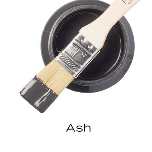 Pu&ograve; includere: Un piccolo barattolo di Fusion Mineral Paint nel colore Ash. Il barattolo &egrave; aperto e un pennello &egrave; appoggiato sul bordo del barattolo. Il pennello &egrave; parzialmente immerso nella vernice.