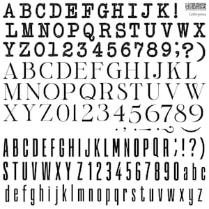 May include: A black and white image of a font set with uppercase and lowercase letters, numbers, and punctuation marks. The font is a classic serif style with a vintage look.