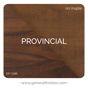 May include: A wood stain color chart showing the Provincial stain color on both oak and maple wood. The text "PROVINCIAL" is displayed in the center of the chart. The text "on oak" is displayed in the lower left corner of the chart. The text "on maple" is displayed in the upper right corner of the chart. The text ". www.generalfinishes.com ." is displayed at the bottom of the chart.