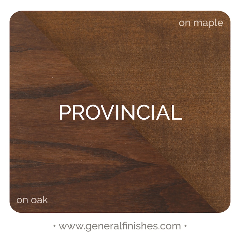 May include: A wood stain color chart showing the Provincial stain color on both oak and maple wood. The text "PROVINCIAL" is displayed in the center of the chart. The text "on oak" is displayed in the lower left corner of the chart. The text "on maple" is displayed in the upper right corner of the chart. The text ". www.generalfinishes.com ." is displayed at the bottom of the chart.