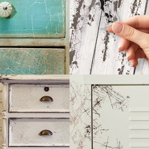 May include: A collage of distressed furniture details. Includes close-ups of drawers painted in turquoise and white with crackle finishes, a white cabinet with brass hardware, and a white surface with scratch marks.