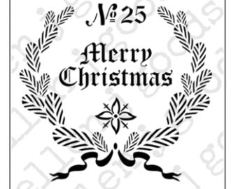 Christmas Wreath Stencil * Grain Sack Inspired Wreath with Bow and Number Old English Merry Christmas Mylar Reusable Stencil Holiday Decor