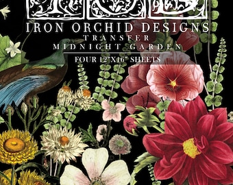 Puede incluir: Hoja de transferencia Iron Orchid Designs con un diseño floral con flores rojas, blancas y amarillas, hojas verdes y un pájaro azul sobre un fondo negro. El texto "Midnight Garden" y "Four 12x16" sheets" está impreso en la hoja.