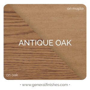 May include: Antique Oak wood stain color swatch on oak and maple wood. The stain is a warm brown color.  www.generalfinishes.com