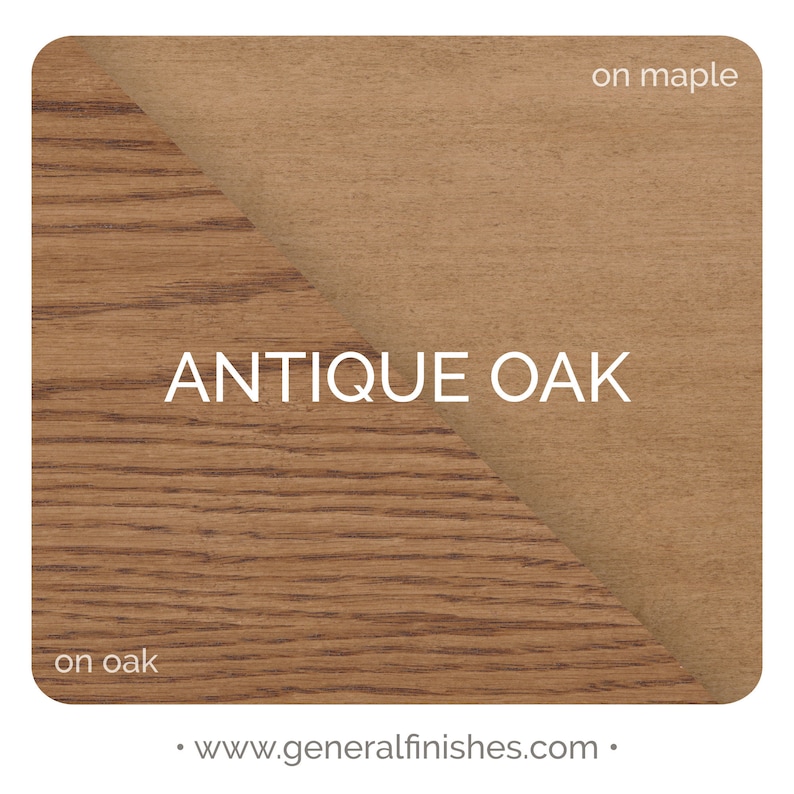 May include: Antique Oak wood stain color swatch on oak and maple wood. The stain is a warm brown color.  www.generalfinishes.com
