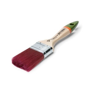 May include: A red and green paint brush with a wooden handle. The brush has a metal ferrule and is designed for painting.