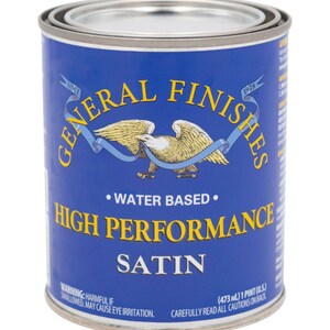 May include: A blue can of General Finishes High Performance Satin water-based paint. The can has a label with an eagle and the text "Since 1928". The can is 473 ml or 1 pint.