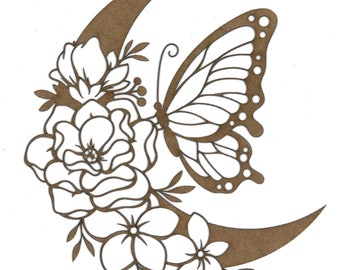Monarch Moon Polyonlay * S107 Laser Cut Wood Applique with Butterfly and Flowers in Two Sizes for Furniture and Crafts. US Shipping