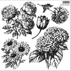 May include: Black and white line art illustration of a bouquet of flowers, including roses, daisies, hydrangeas, tulips, and a dahlia. The image is titled "Garden Bouquet".