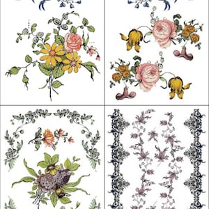 May include: A collection of floral illustrations in various styles. The designs feature roses, daisies, and other flowers in shades of blue, yellow, pink, and purple. Some designs include decorative borders and a butterfly.