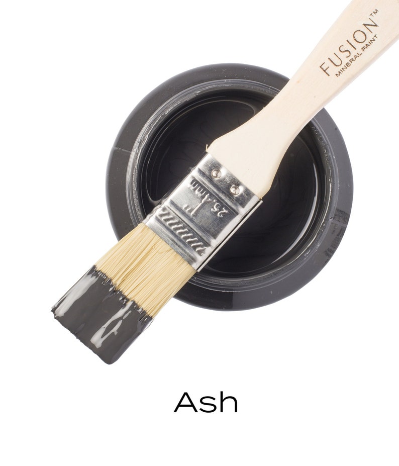 Pu&ograve; includere: Un piccolo barattolo di Fusion Mineral Paint nel colore Ash. Il barattolo &egrave; aperto e un pennello &egrave; appoggiato sul bordo del barattolo. Il pennello &egrave; parzialmente immerso nella vernice.