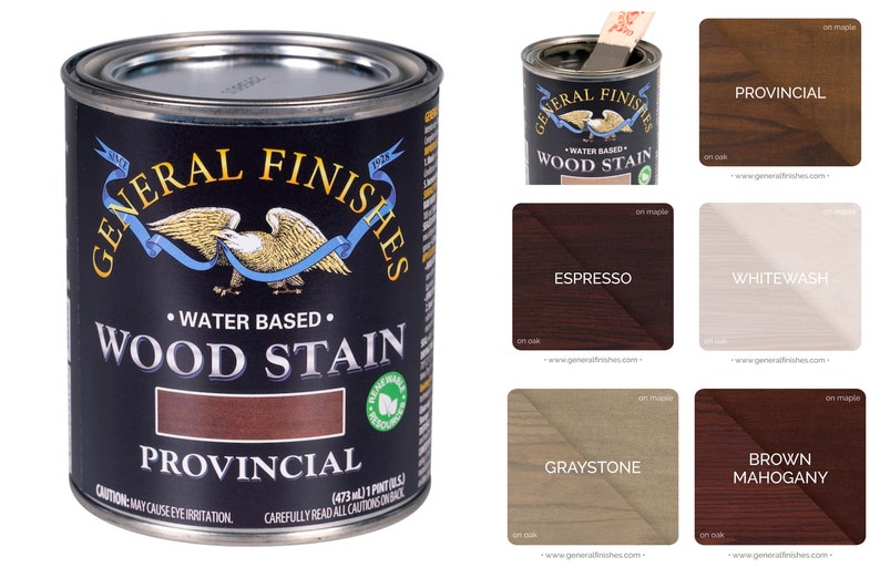 May include: A can of General Finishes water-based wood stain in the color Provincial. The can is black with a gold eagle logo and the text "General Finishes" and "Water Based Wood Stain". The color swatch shows a dark brown wood stain.