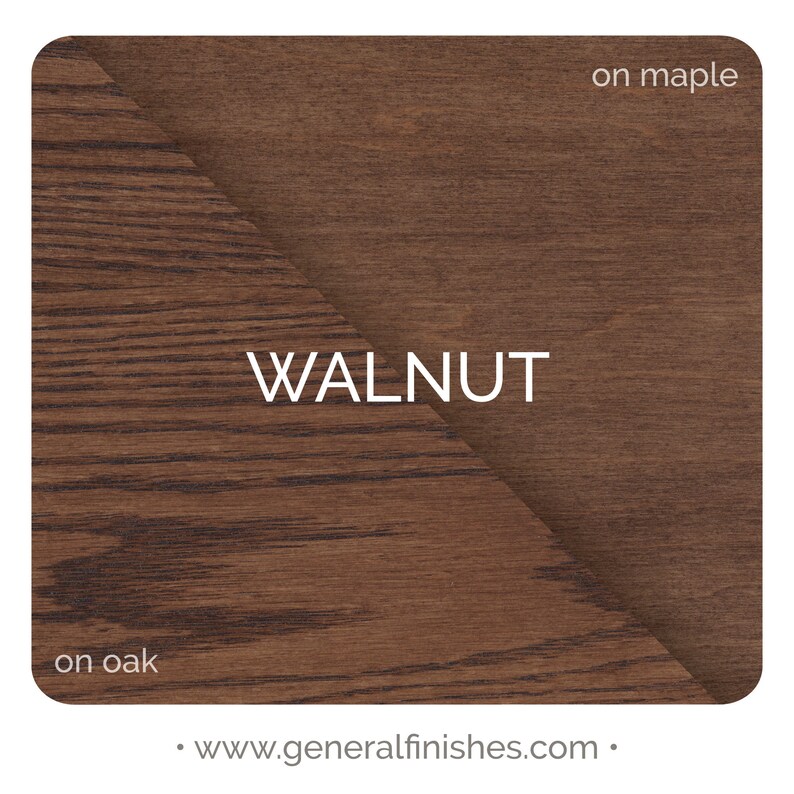 May include: Walnut wood stain color swatch on oak and maple wood. The stain is a dark brown color. "WALNUT" is written in white text on the swatch. The text "on oak" is written in white text on the bottom left corner of the swatch. The text "on maple" is written in white text on the top right corner of the swatch. The text ". www.generalfinishes.com ." is written in white text at the bottom of the swatch.