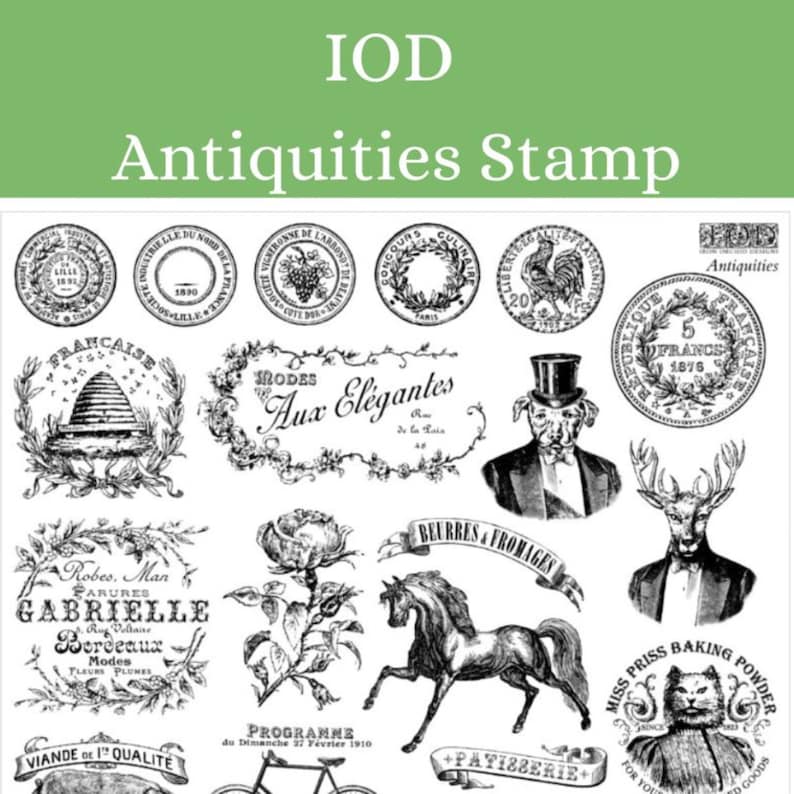 May include: Black and white vintage stamp images with various designs, including a rooster, a horse, a deer, a cat, a beehive, a bicycle, a rose, and text in French. The stamps are for use in crafting and scrapbooking.