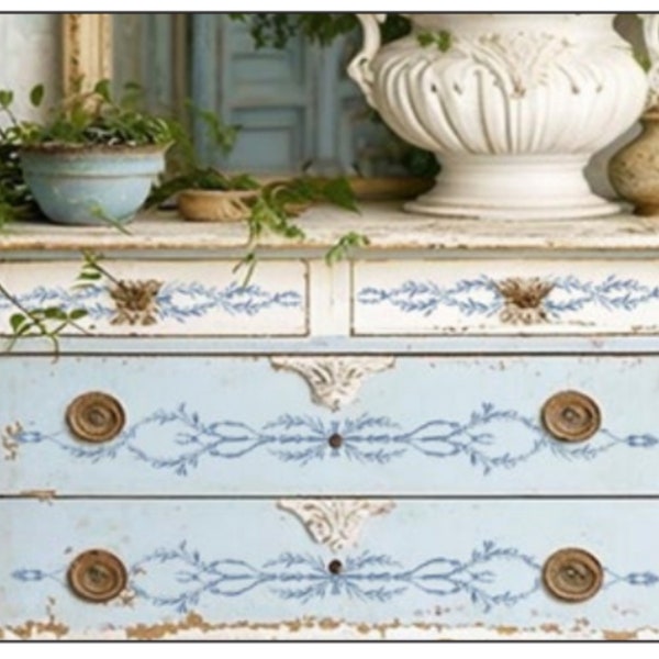 IOD Trompe L' Oeil Bleu Paint Inlay *. Iron Orchid Designs Furniture Hand Painted Blue and White Design
