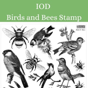 May include: Black and white stamp featuring a variety of birds and bees. The stamp includes a bee with wings spread, a bird perched on a branch, and a bee with its wings folded. The stamp is labeled "Birds & Bees".