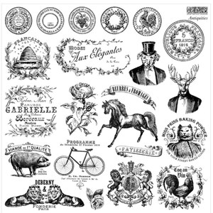 May include: Black and white vintage style illustrations of various designs, including a rooster, a horse, a pig, a cat, a flower, a bicycle, a beehive, a crown, and text in French. The illustrations are on a white background.