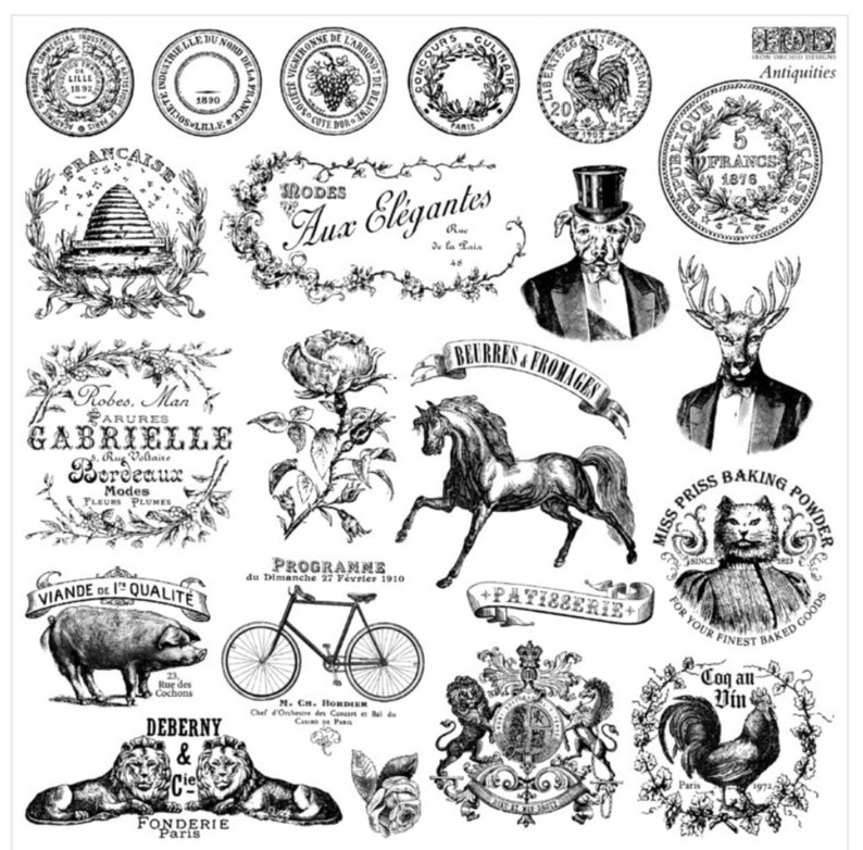 May include: Black and white vintage style illustrations of various designs, including a rooster, a horse, a pig, a cat, a flower, a bicycle, a beehive, a crown, and text in French. The illustrations are on a white background.